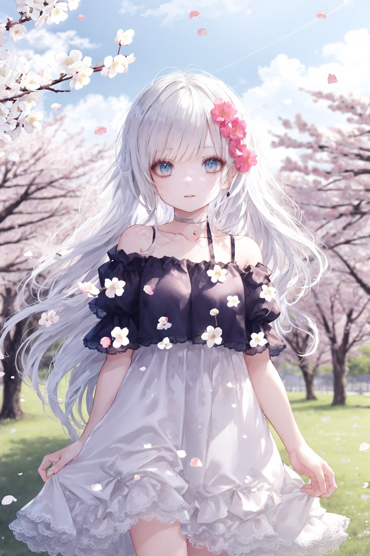 1girl, solo, looking up, dress, long hair, blue eyes, choker, white hair, white dress, petals, white choker, flower, outdo...